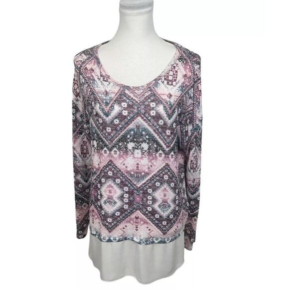 Kiara Multicolor Blouse Size L Chiffon Knit Overlay Aztec Print Long Sleeves Top - Picture 1 of 10